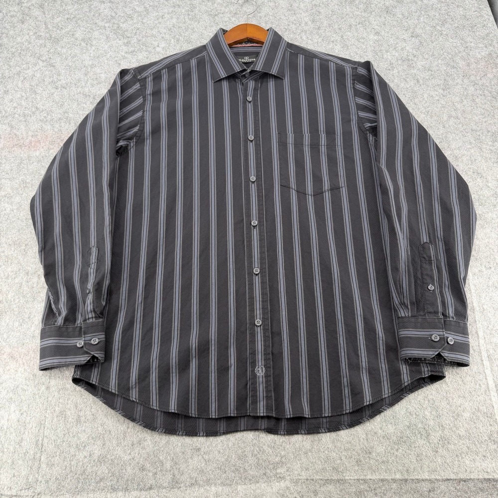 Bugatchi Uomo Mens XL Black Blue Striped Long Sleeve Button Down Cotton Shirt
